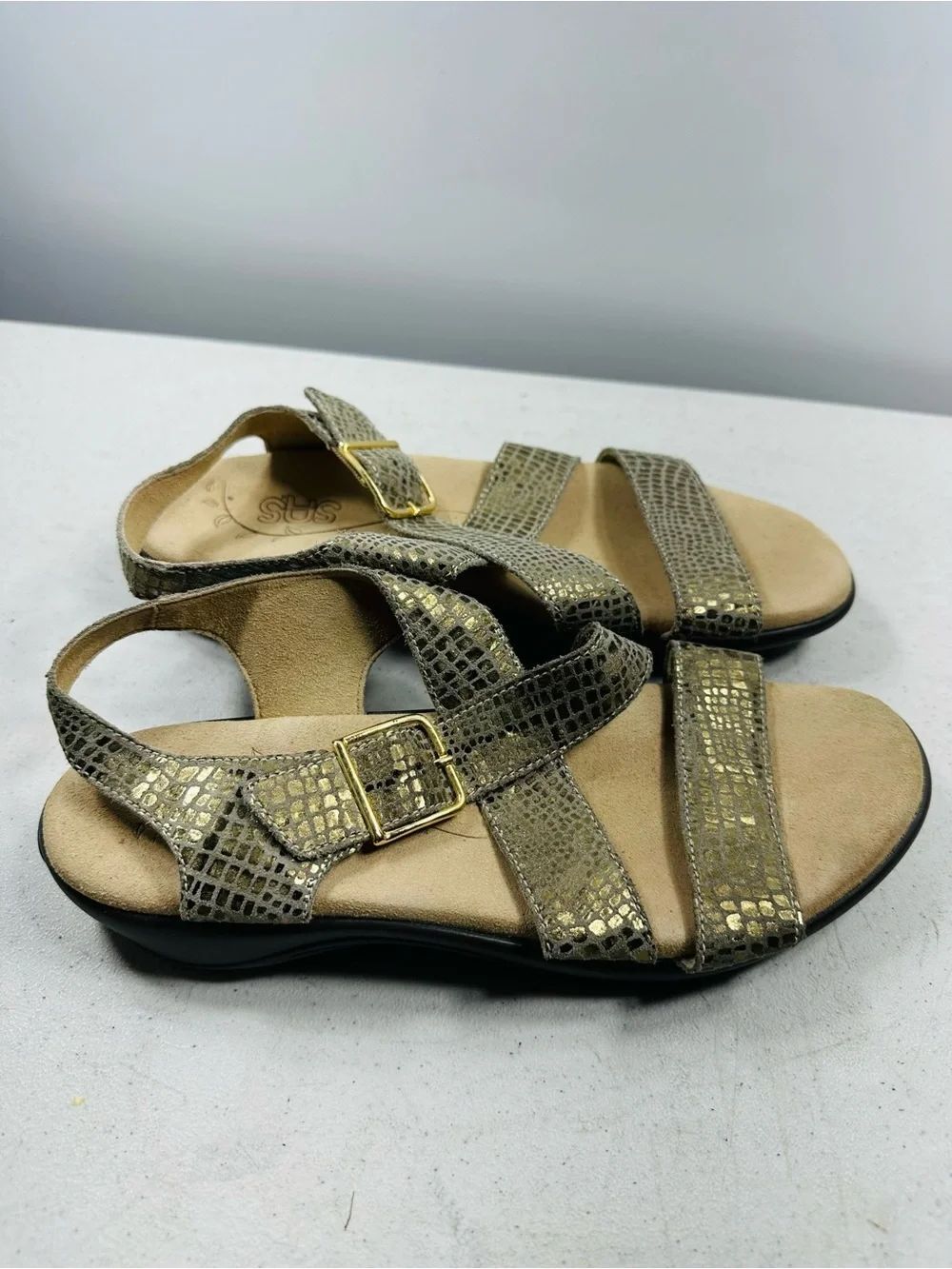 Sas Laguna Olive Gold Sandals Women Size 7 N Made Is Usa - Picture 3 of 7